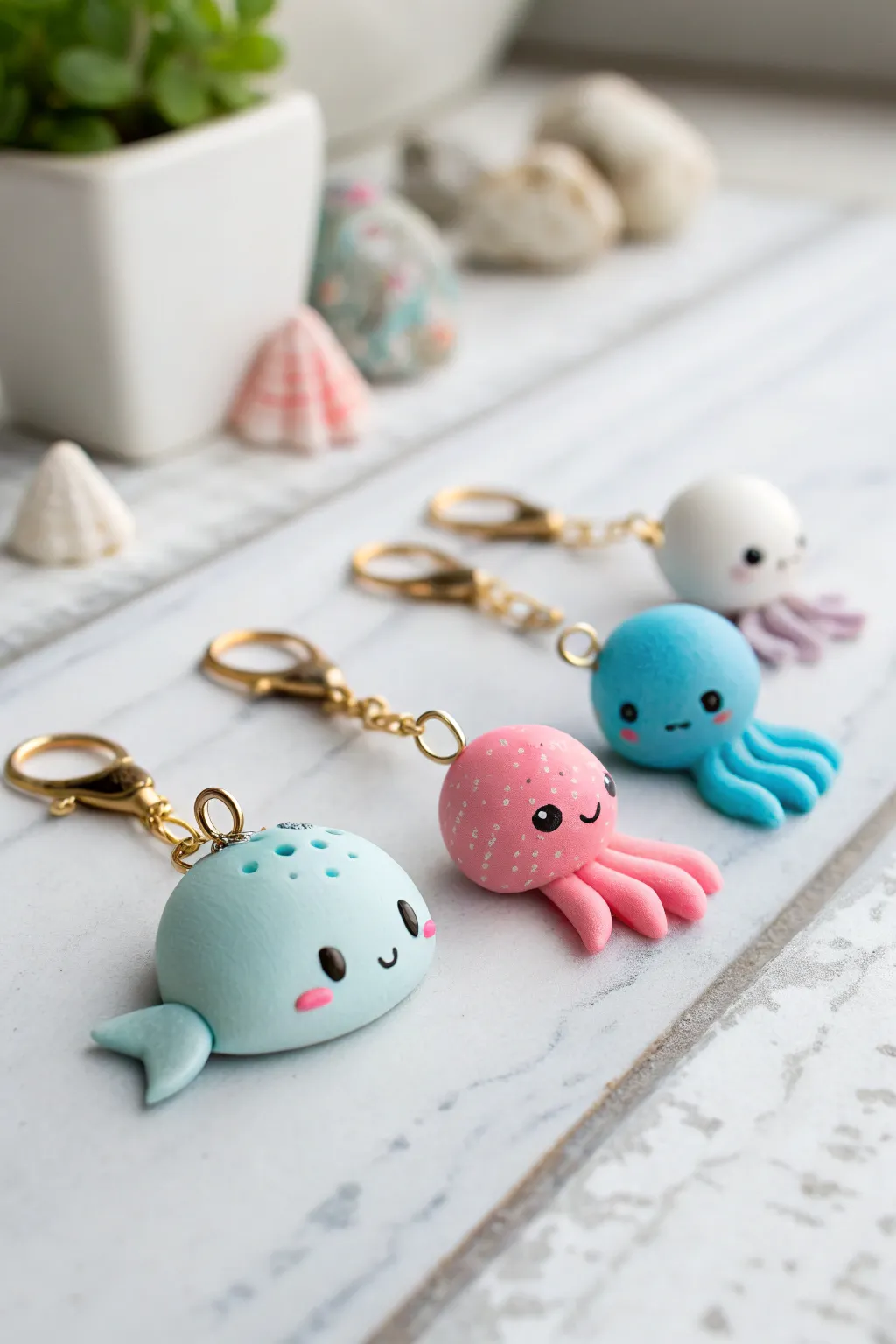Easy polymer clay sea creature charms in soft pastels, minimalist, cute, and beginner friendly.