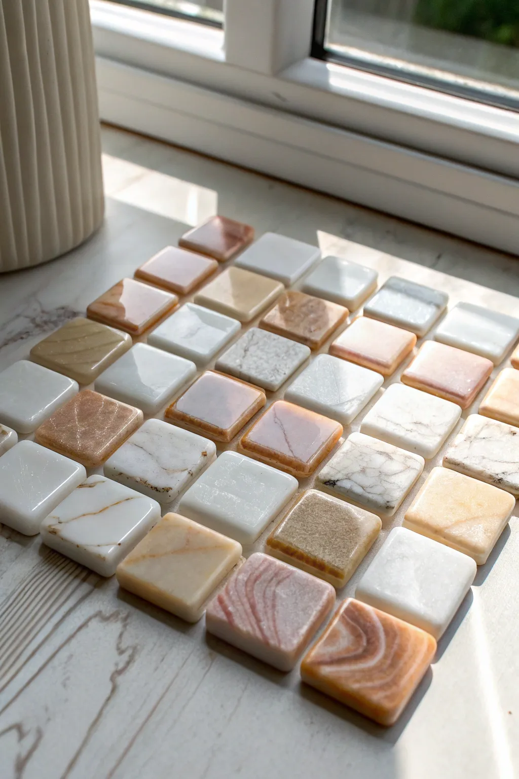 Minimal marbled polymer clay tiles with glossy resin inlay lines, Scandinavian-boho charm.