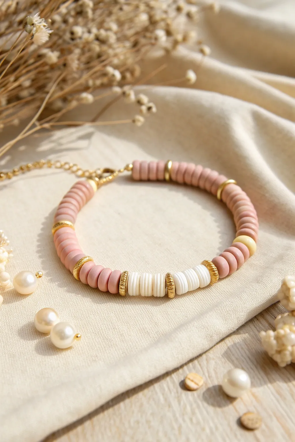 Soft glam bracelet: matte clay discs paired with pearl-like beads for an elegant, feminine look