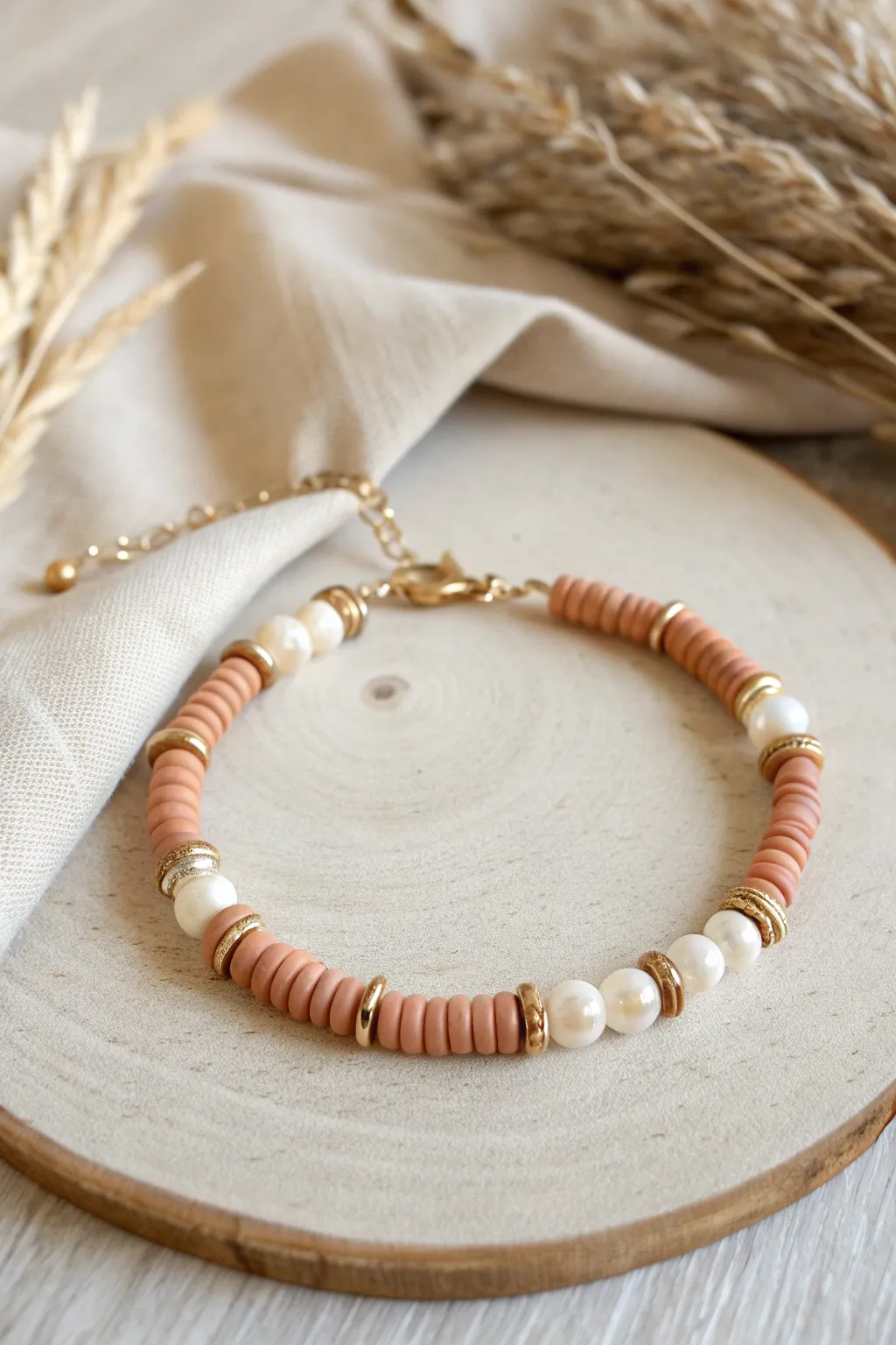 Soft heishi clusters paired with tiny pearls create a light, tactile bracelet with subtle contrast.