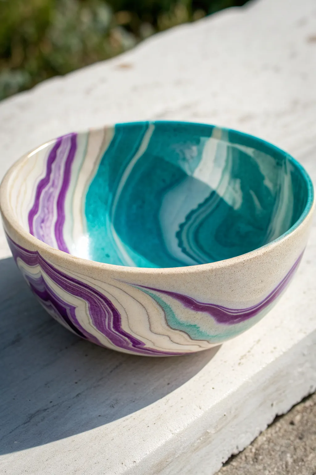 Faux agate polymer clay bowl with translucent depth and bold bands for a modern boho shelf.
