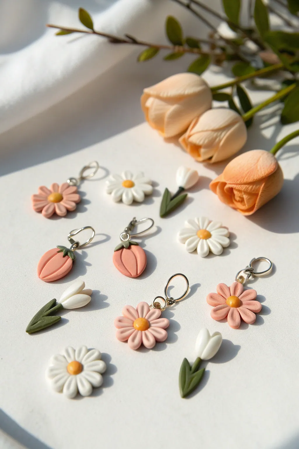 Simple polymer clay flower charms with jump rings, soft pastels, and clean minimalist styling