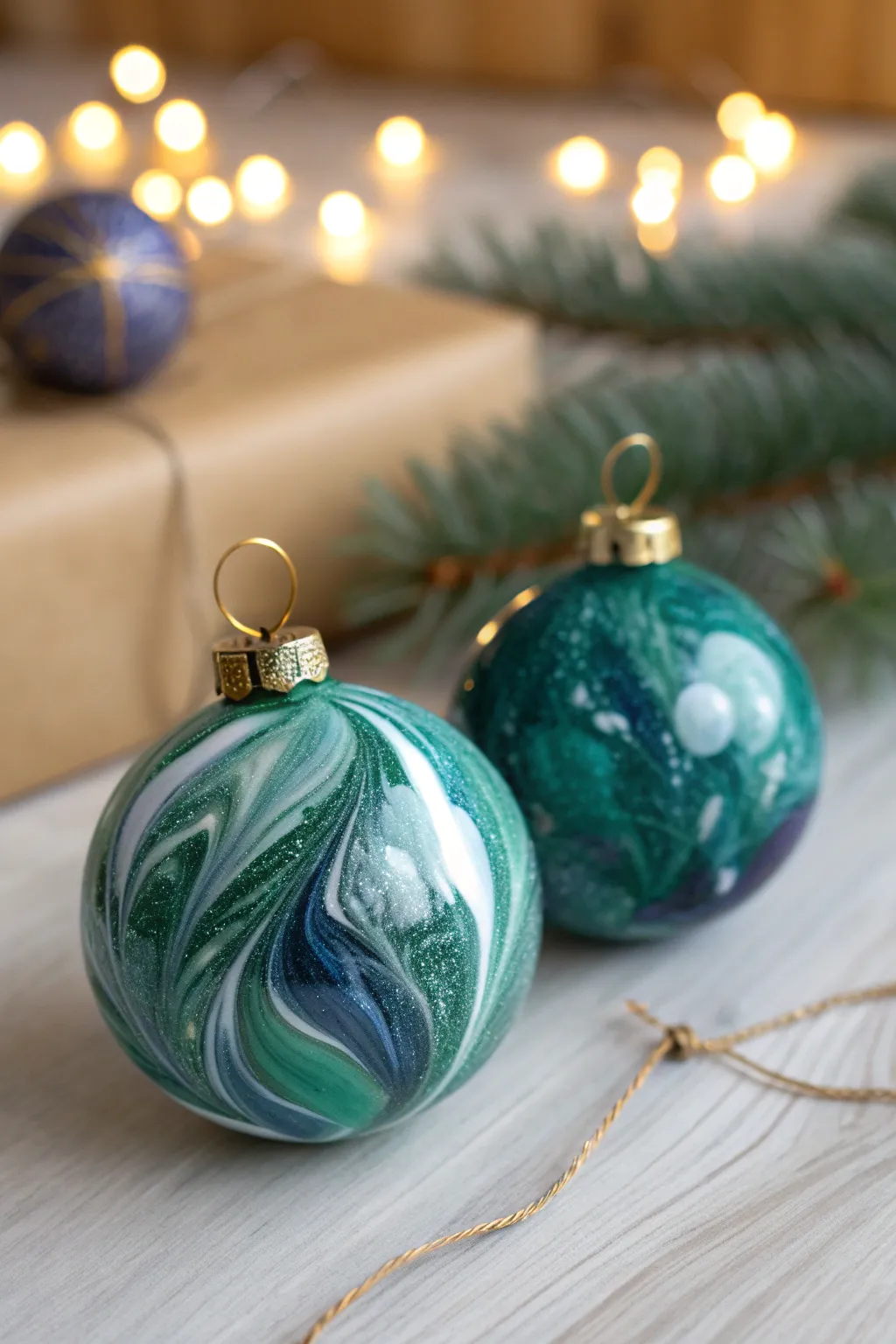 Marbled jewel tone polymer clay baubles with a glossy glass look and warm holiday glow.