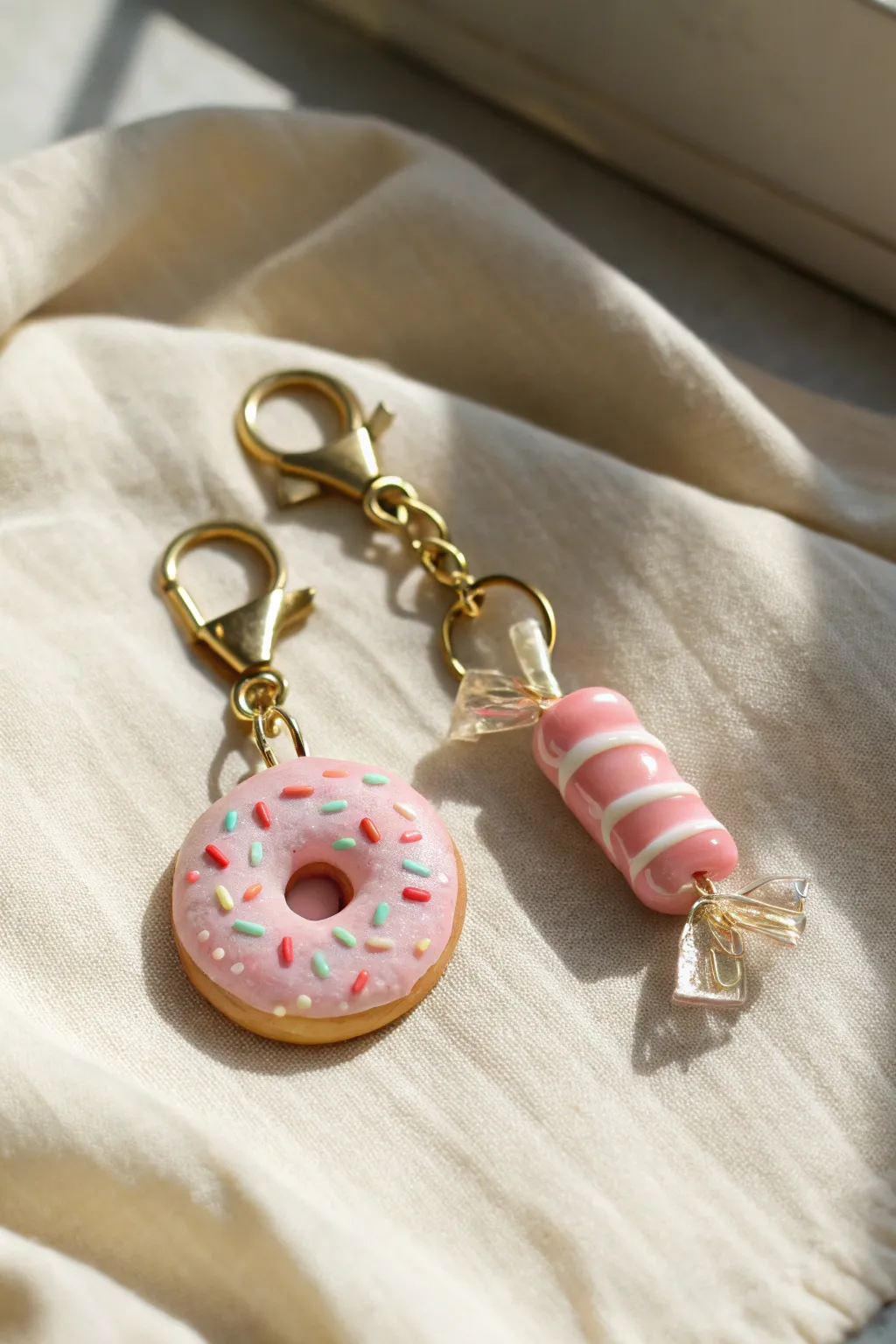 Sweet polymer clay donut and candy bag tag duo on a brass keyring, minimalist and cute