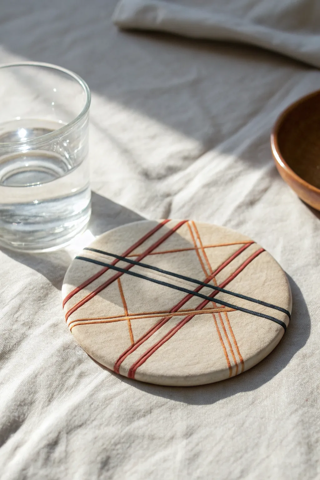 Minimal line-inlay polymer clay coaster with clean geometry, soft neutrals, and handmade charm