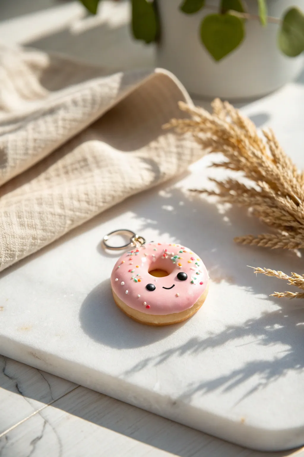 Sweet kawaii donut charm in polymer clay, minimalist flatlay with soft boho accents.