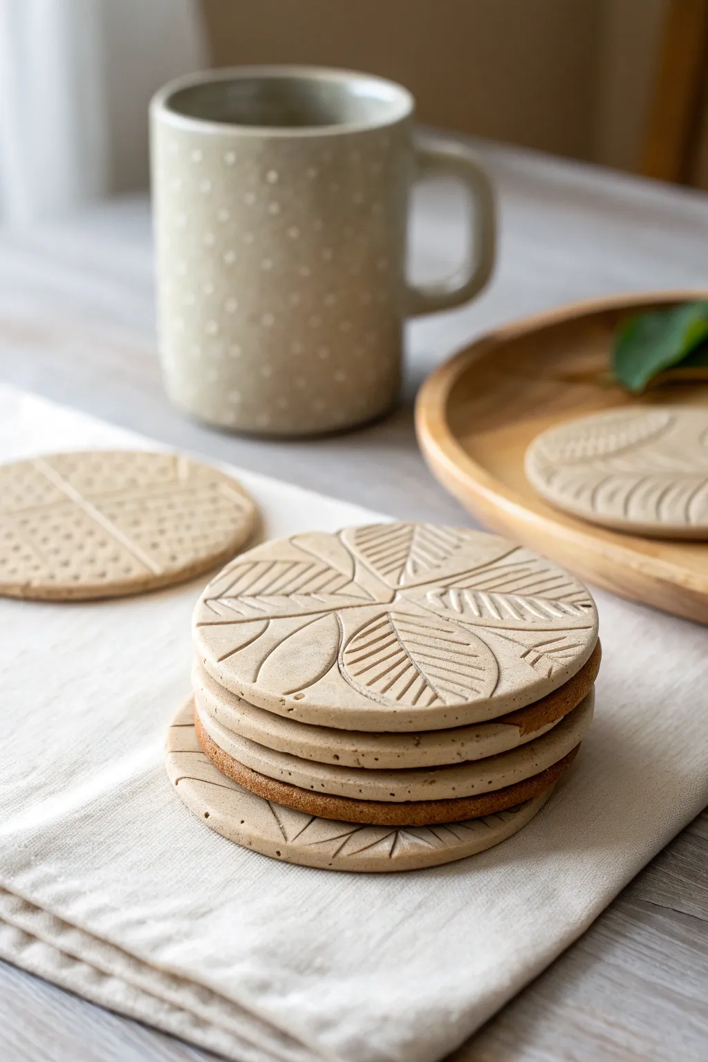Earthy texture-stamped polymer clay coasters with bold patterns and calm Scandinavian styling.