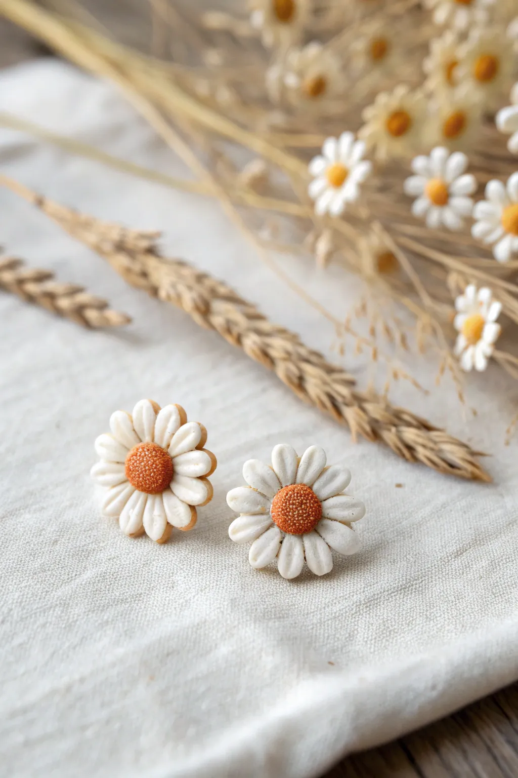 Tiny daisy polymer clay studs in crisp white with a muted twin pair for modern charm.