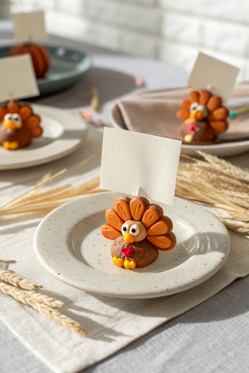 Sweet polymer clay turkey place card holder for a cozy minimalist Thanksgiving table.