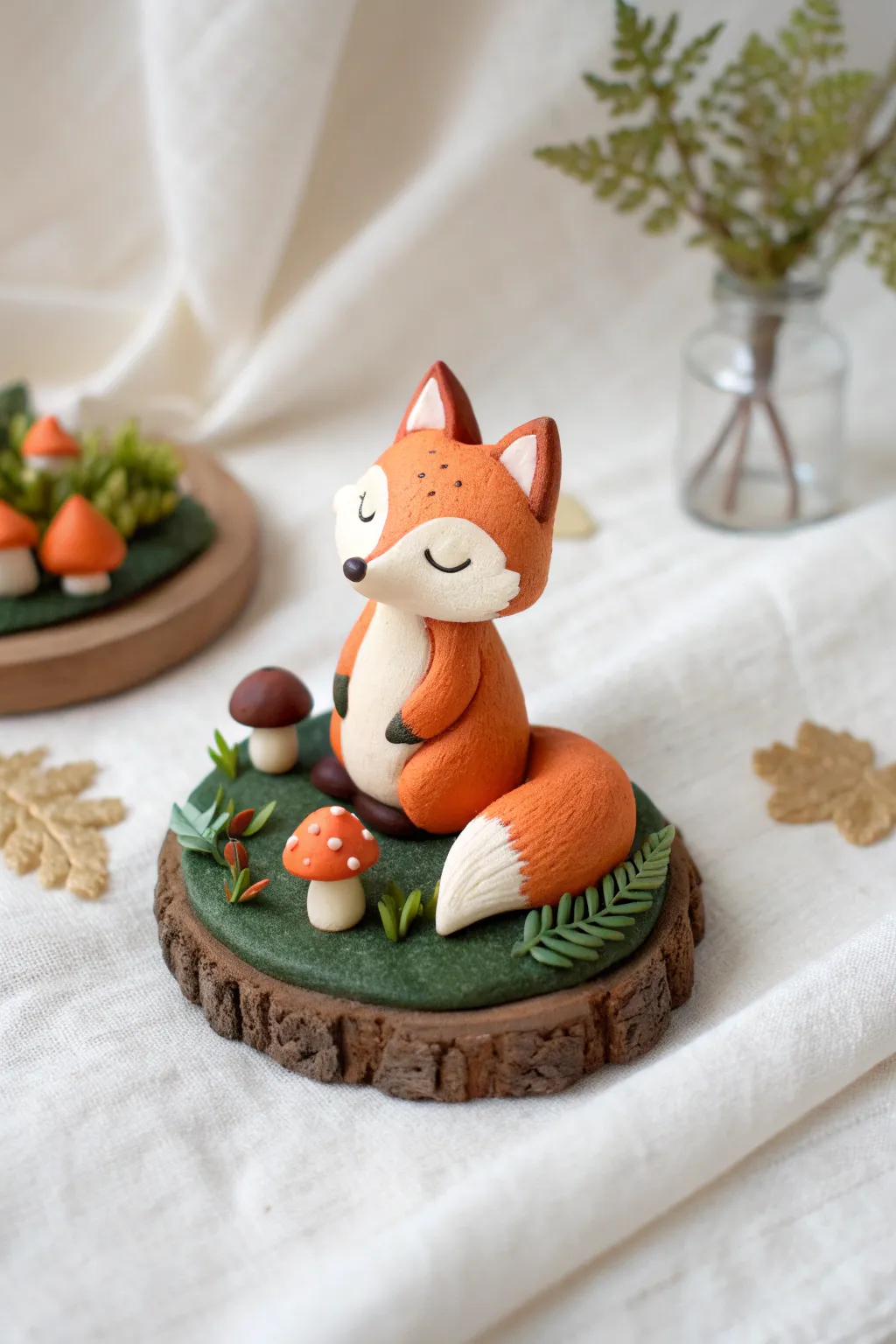 Curled polymer clay fox on a tiny forest base, minimal details and cozy Scandinavian style.