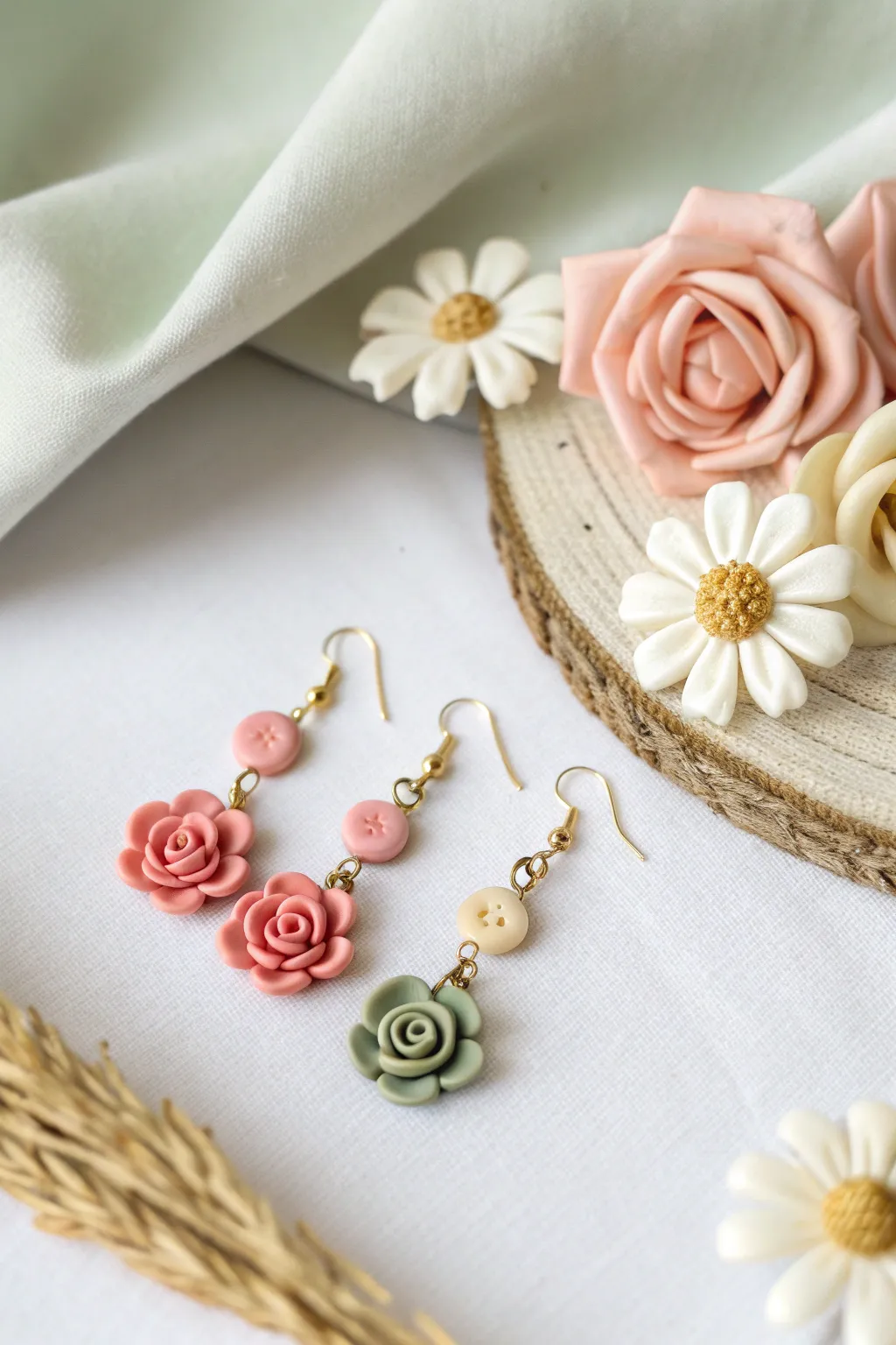 Blush rose studs and daisy dangles in polymer clay, a sweet minimalist floral set.