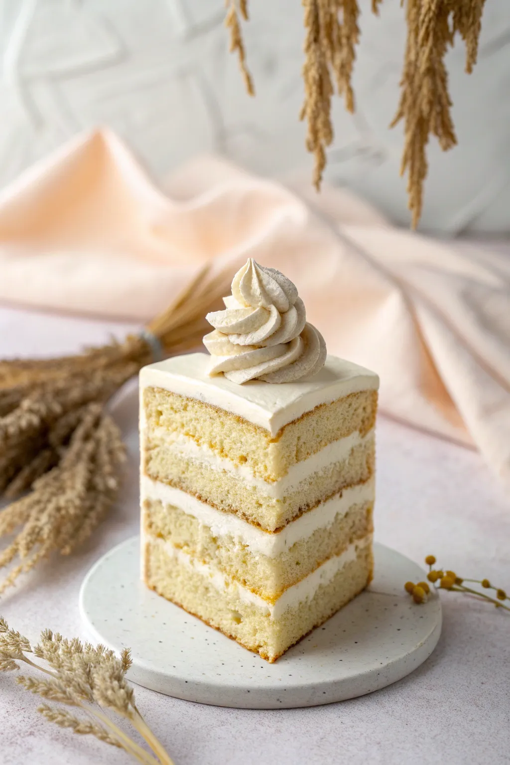 Polymer clay cake slice with sponge and frosting layers, sweet minimalist desk decor.