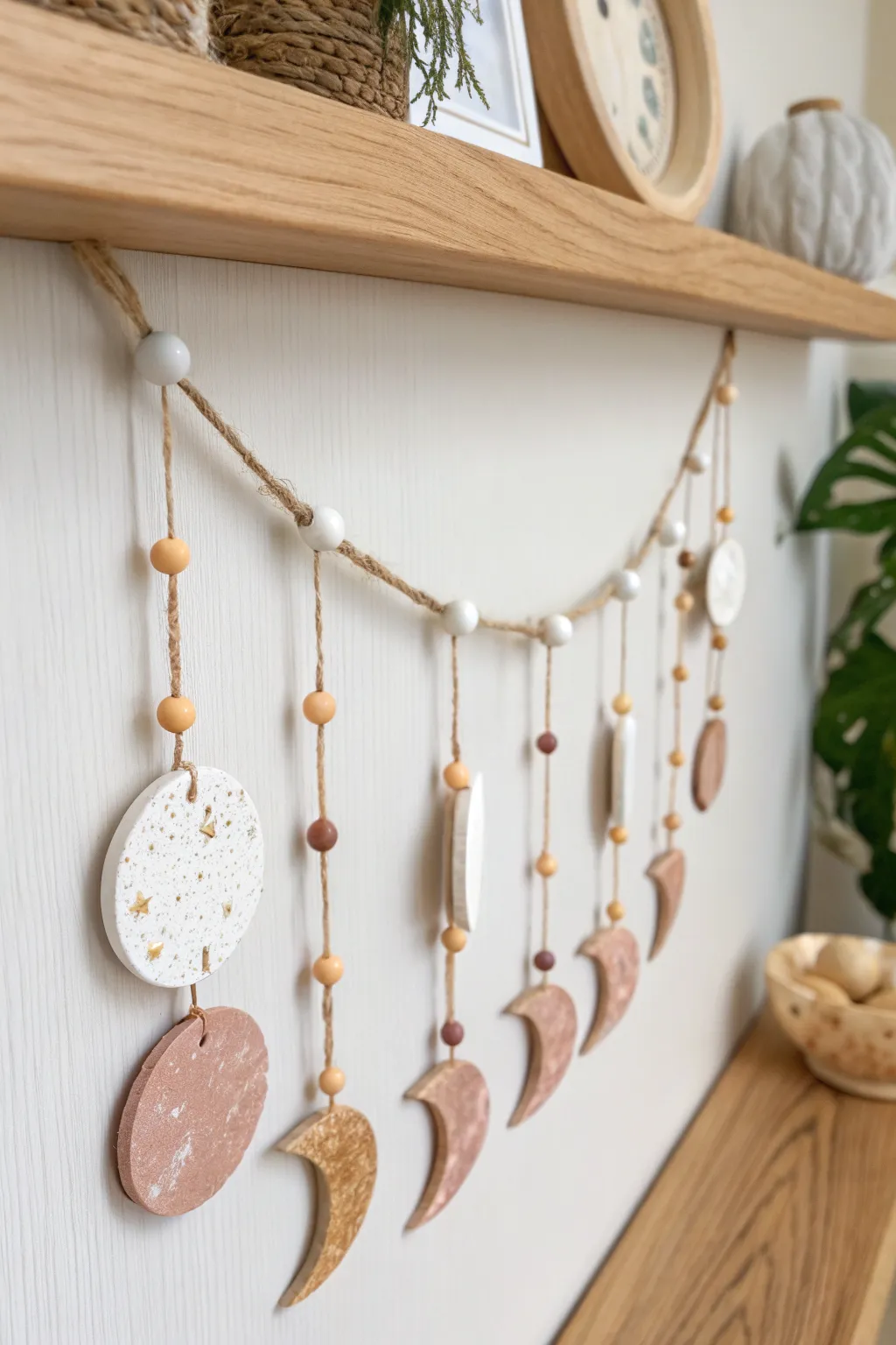 Soft marbled polymer clay moon phase garland for a calm, minimalist boho wall moment