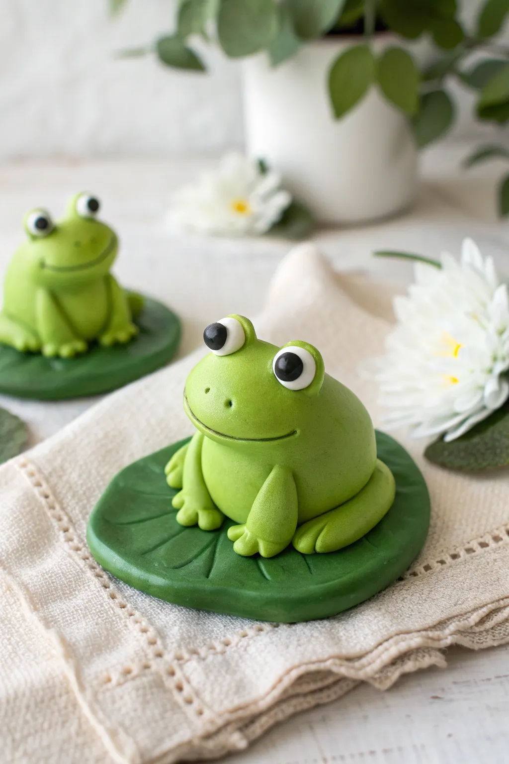 Easy polymer clay frogs on simple lily pads, with a clean two-tone green palette for inspiration.