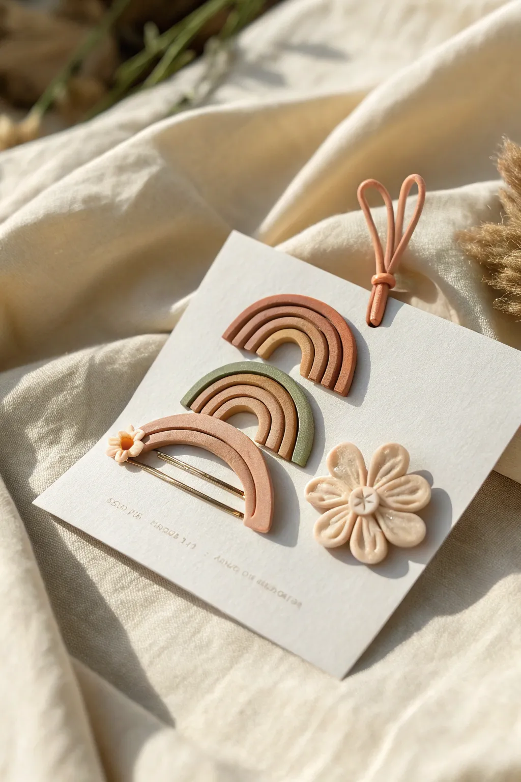 Minimalist polymer clay barrettes in boho shapes, styled for an airy Scandinavian vibe.