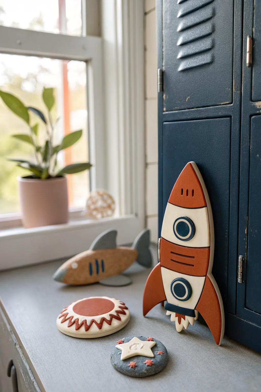 Bold polymer clay locker magnets featuring rocket, trophy, shark tooth and monster icons