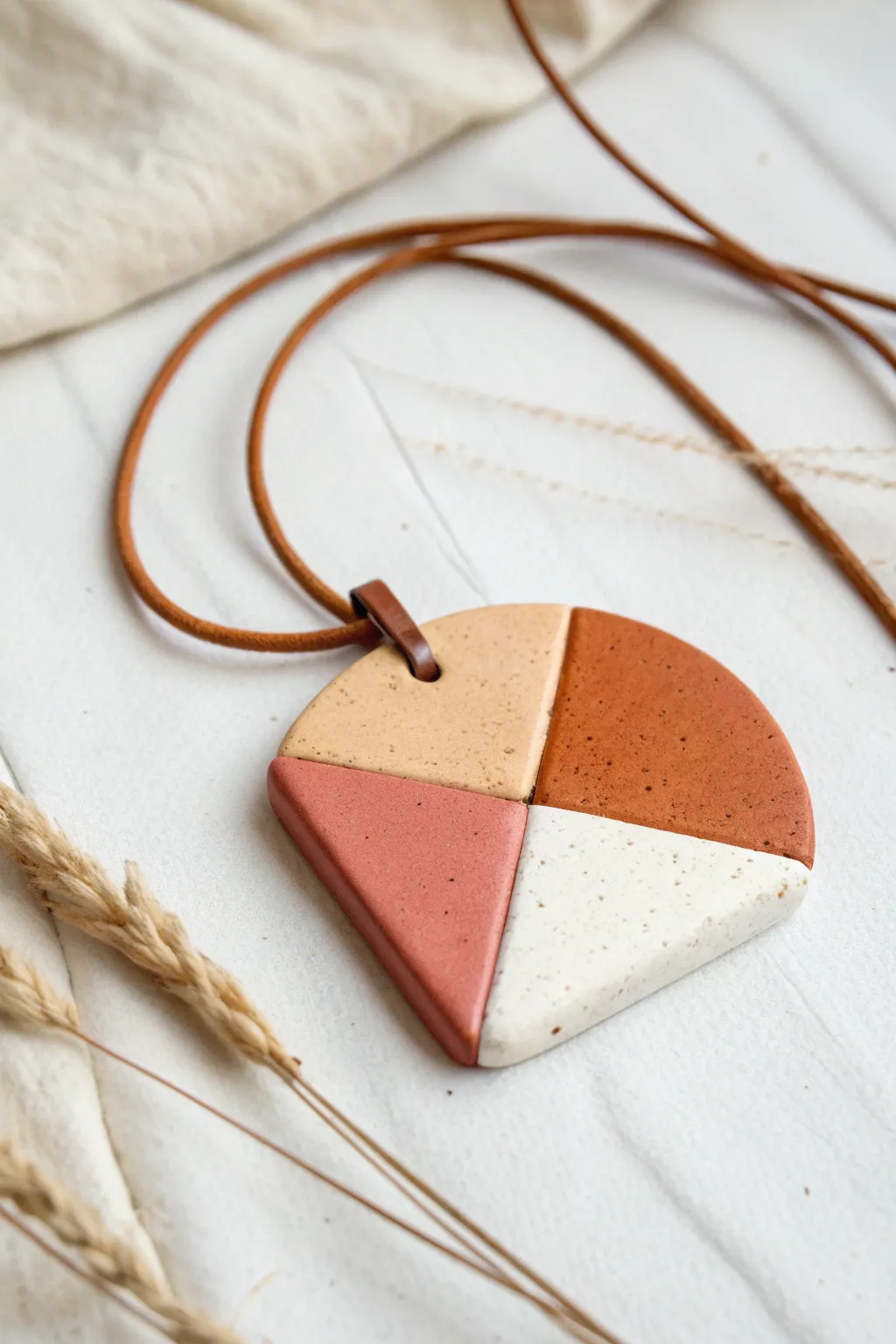 Minimalist polymer clay color-block pendant with crisp seams, earthy tones, and boho cord.