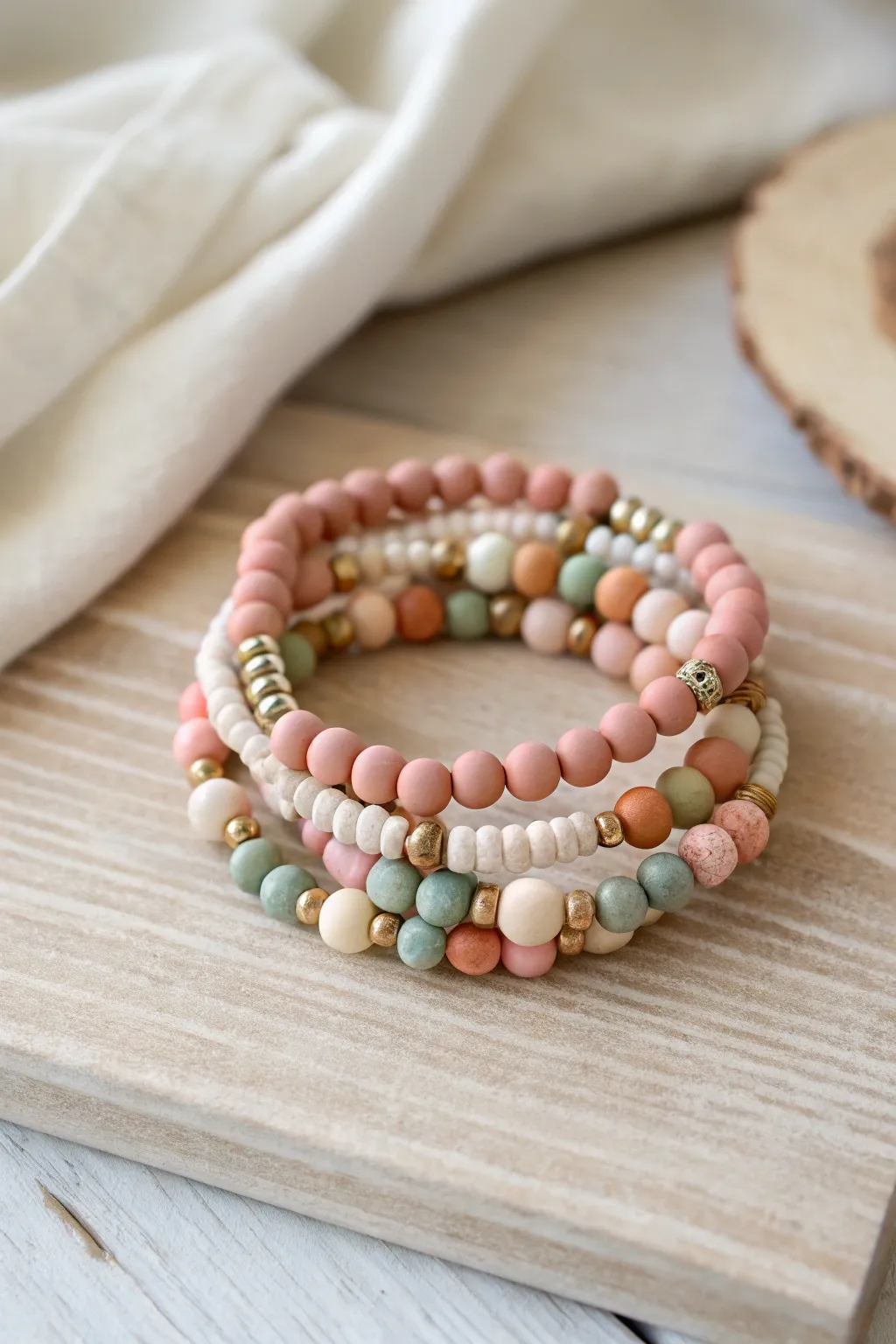 Mini polymer clay bead stretch bracelets in a soft palette, simple shapes, handcrafted charm