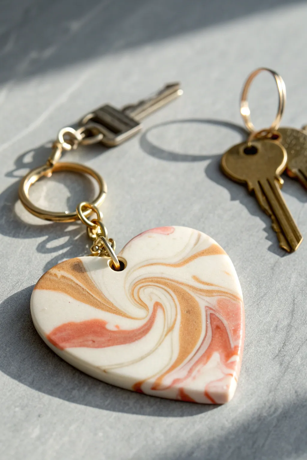 Soft swirl marble heart keychain in creamy tones, a simple polymer clay DIY with luxe shine.