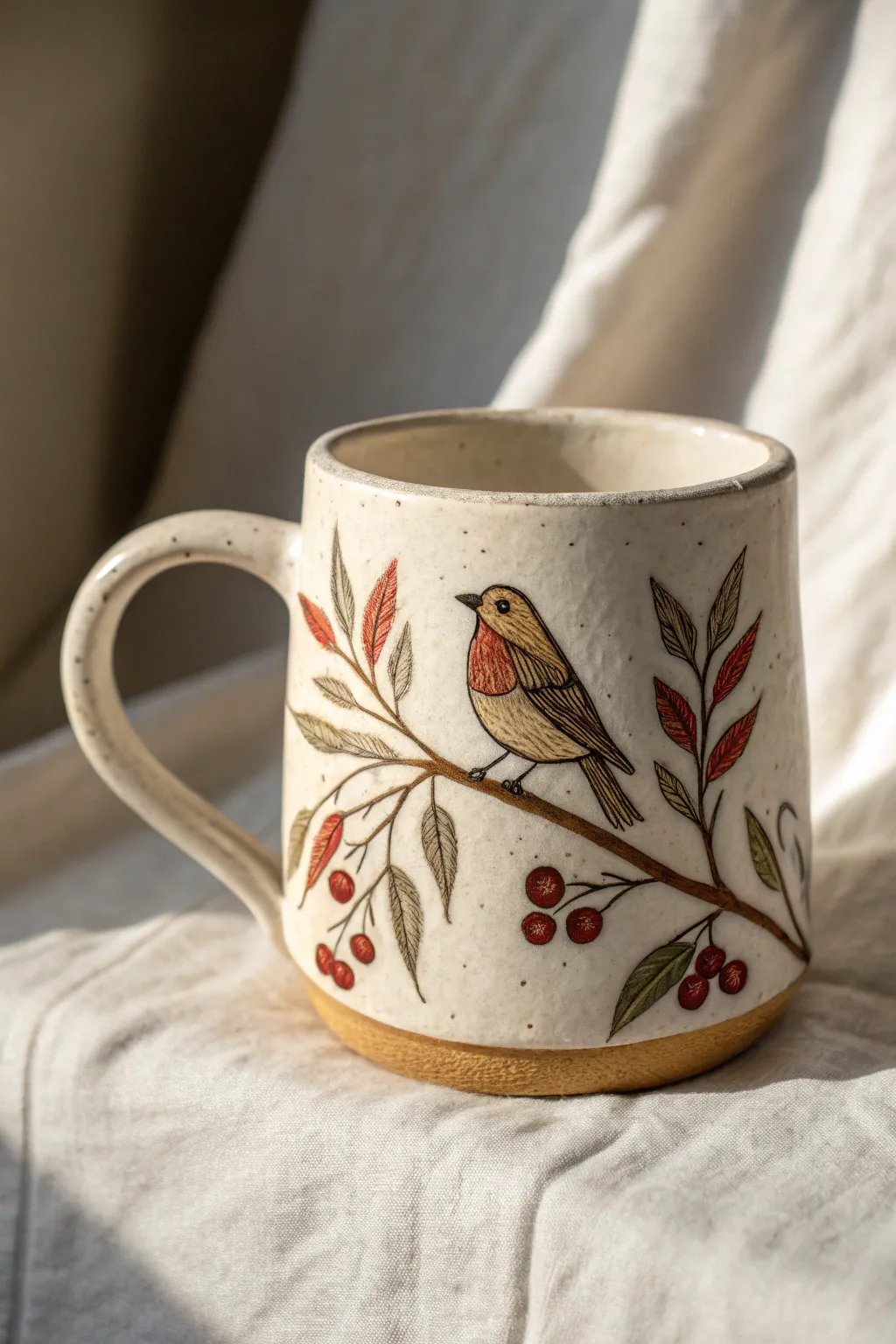 Minimalist polymer clay mug with a bird on a branch, side-lit to highlight texture