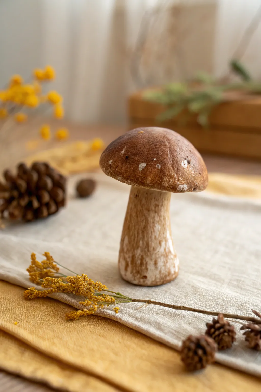 Realistic earth-tone polymer clay mushroom with organic speckling for a calm autumn look