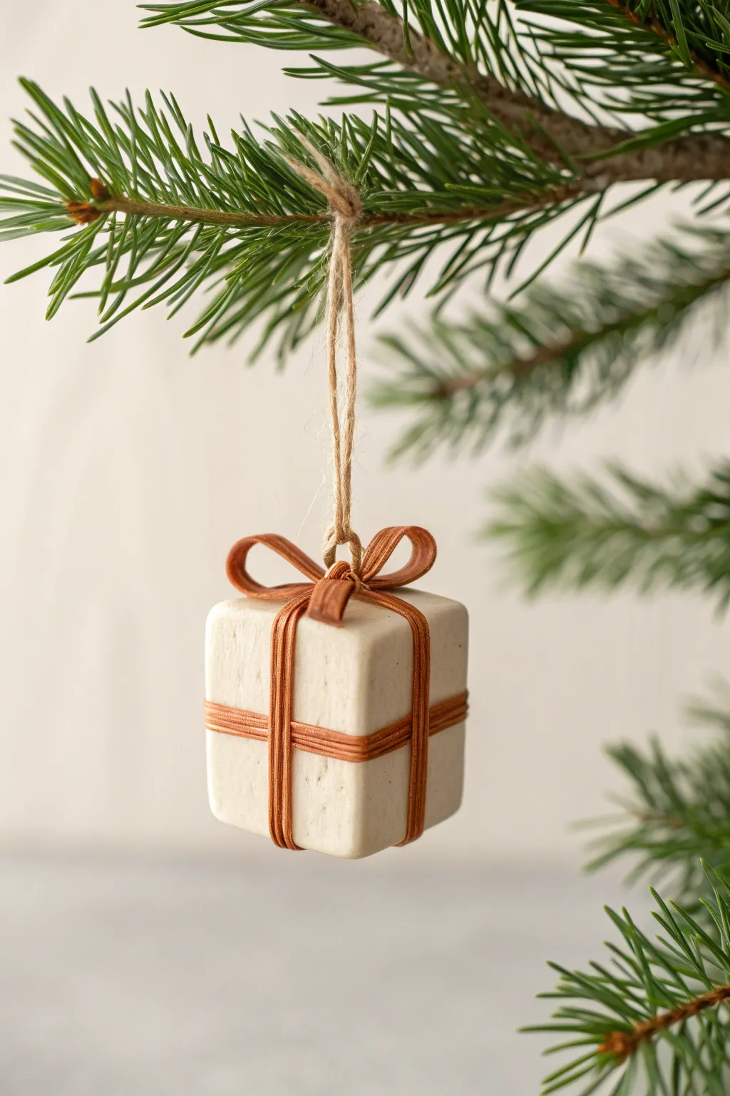 Tiny polymer clay present box ornament with raised bow, minimalist ribbons, and a tree-ready eyelet