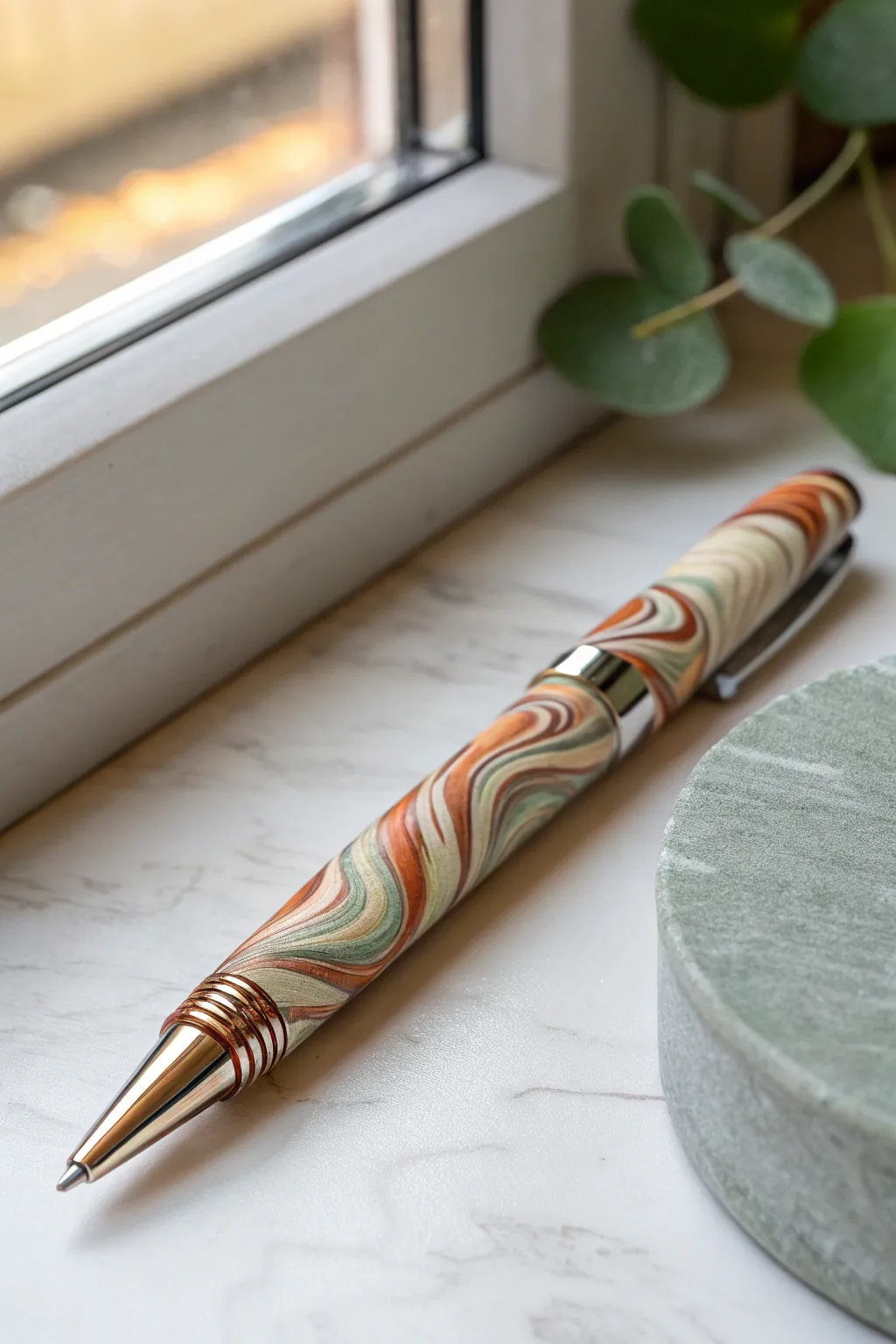 Mokume gane veneer polymer clay pen in earthy tones, satin finish, minimalist boho vibe