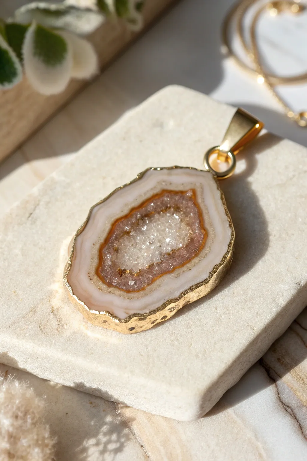 Geode slice polymer clay pendant with subtle crystal sparkle, styled on pale linen backdrop