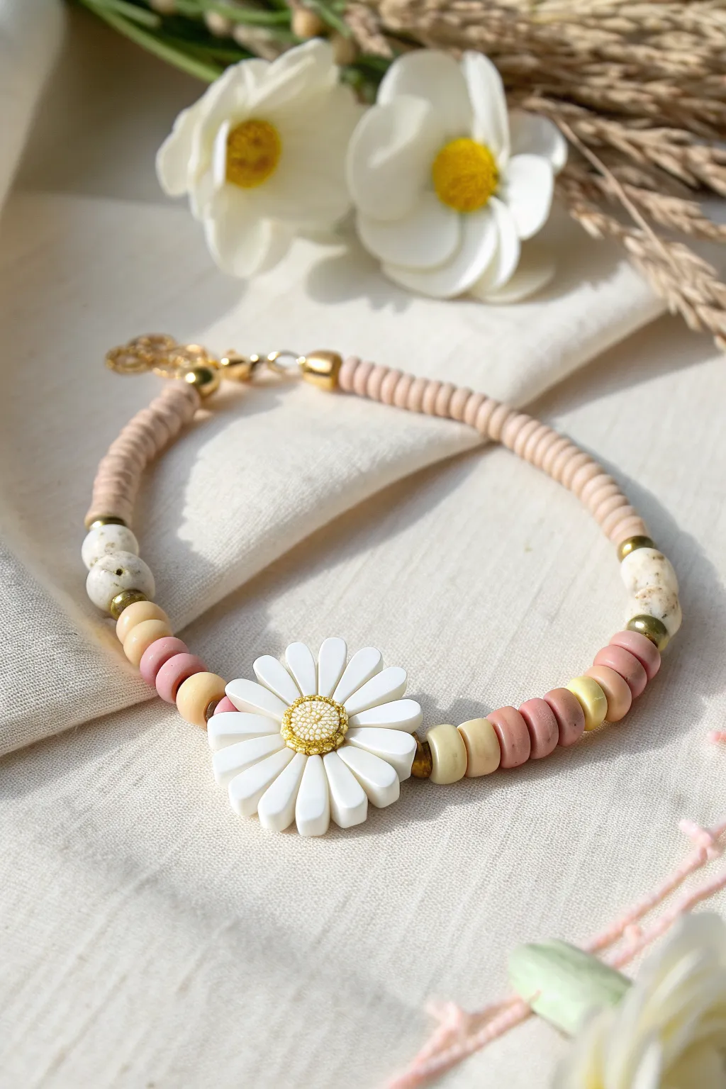 Simple heishi bracelet with a sweet polymer clay daisy focal bead in soft, sunlit minimal style