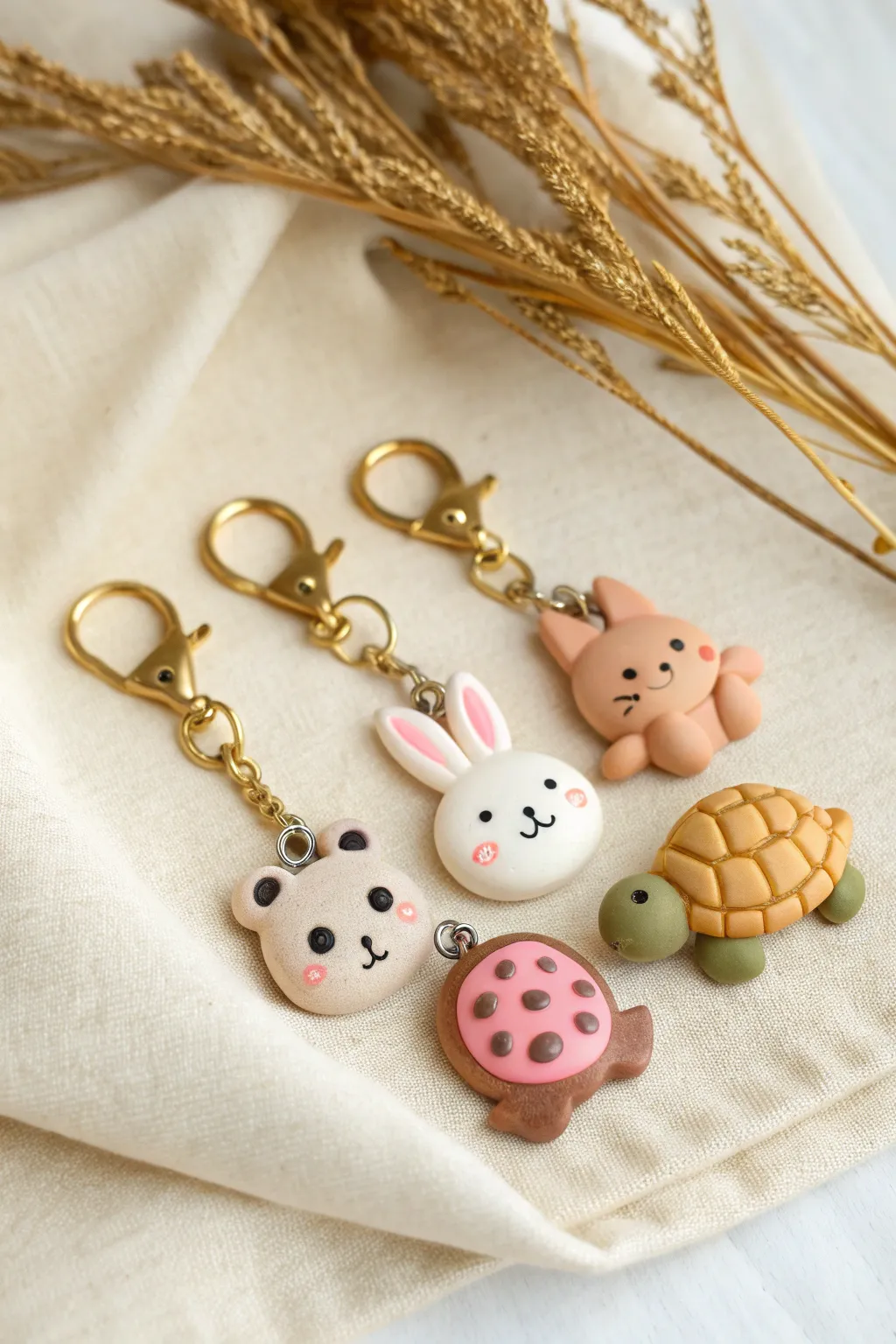 Minimalist polymer clay animal keychains in soft neutrals for a sweet, handmade everyday charm.