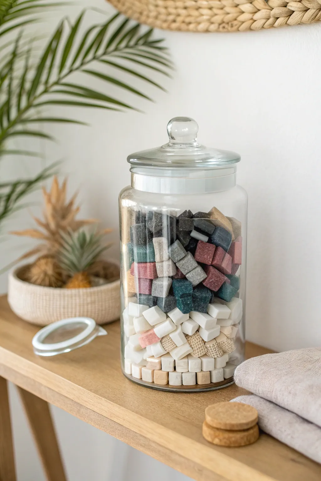 Clear glass jar keeps tiny polymer clay scraps tidy, sorted by color for easy future projects.