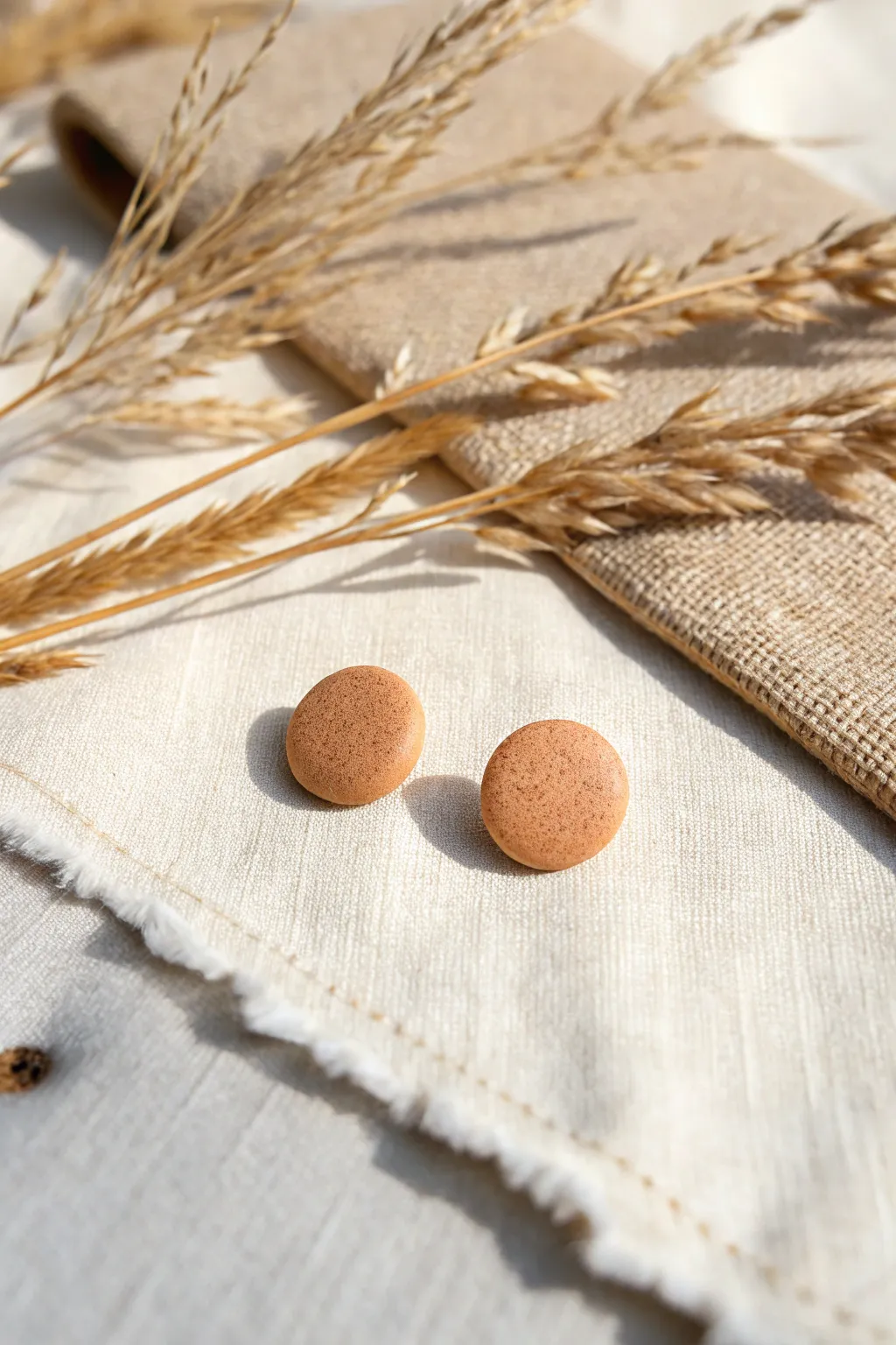 Matte polymer clay studs with linen-imprint texture, styled on natural linen in soft Scandinavian tones.