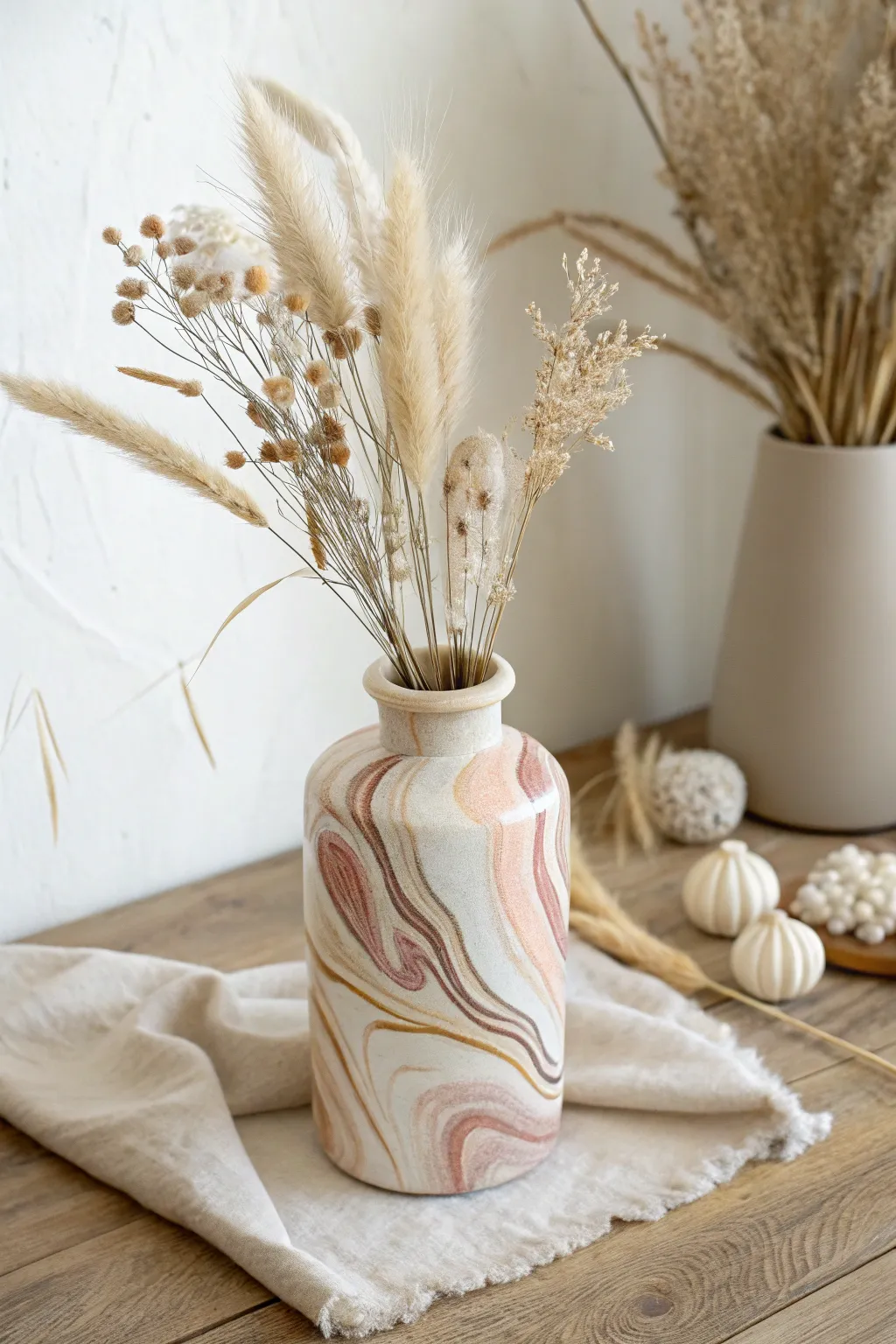 Swirly marbled polymer clay vase skin with neutral dried florals in a calm Scandinavian boho look