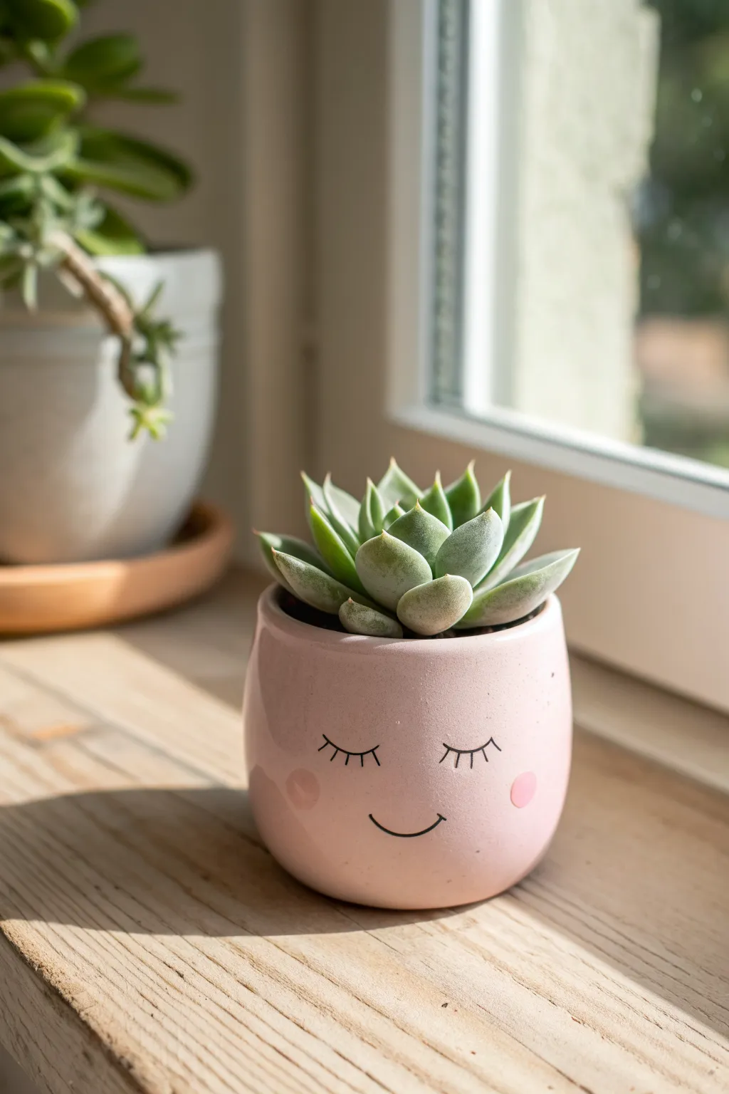 Smiling succulent pot in polymer clay, Scandinavian-minimal with a soft boho touch for your desk.