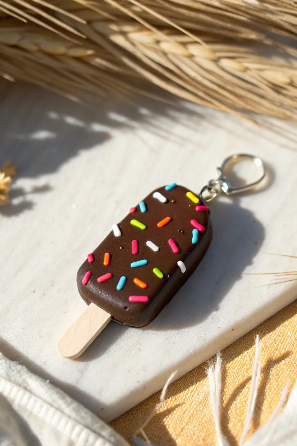 Pop art sprinkled ice cream bar clay charm with bold black outlines and crisp high contrast.