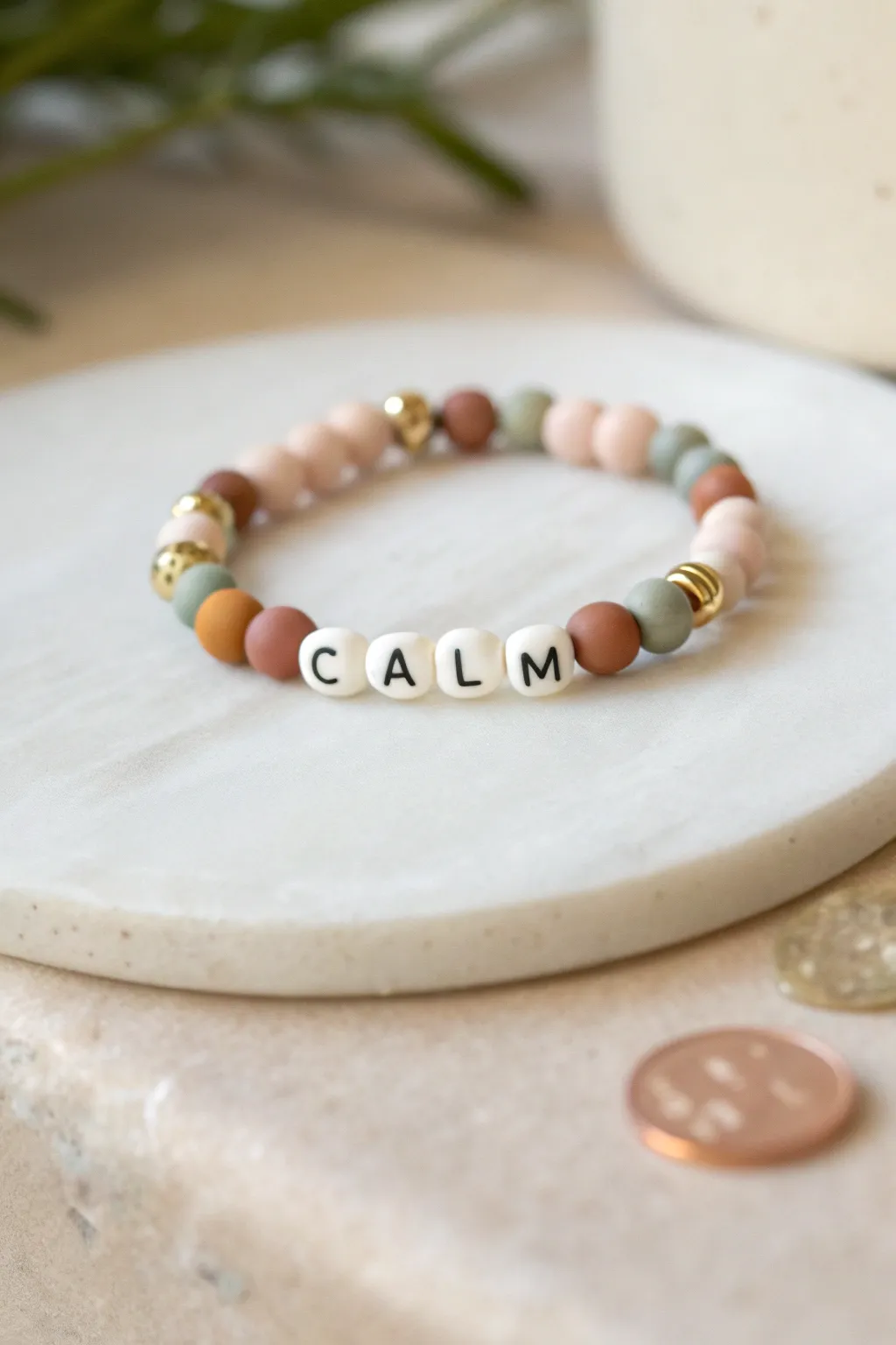 Mini mantra clay bead bracelet with soft color blocks and tiny gold spacers for calm vibes