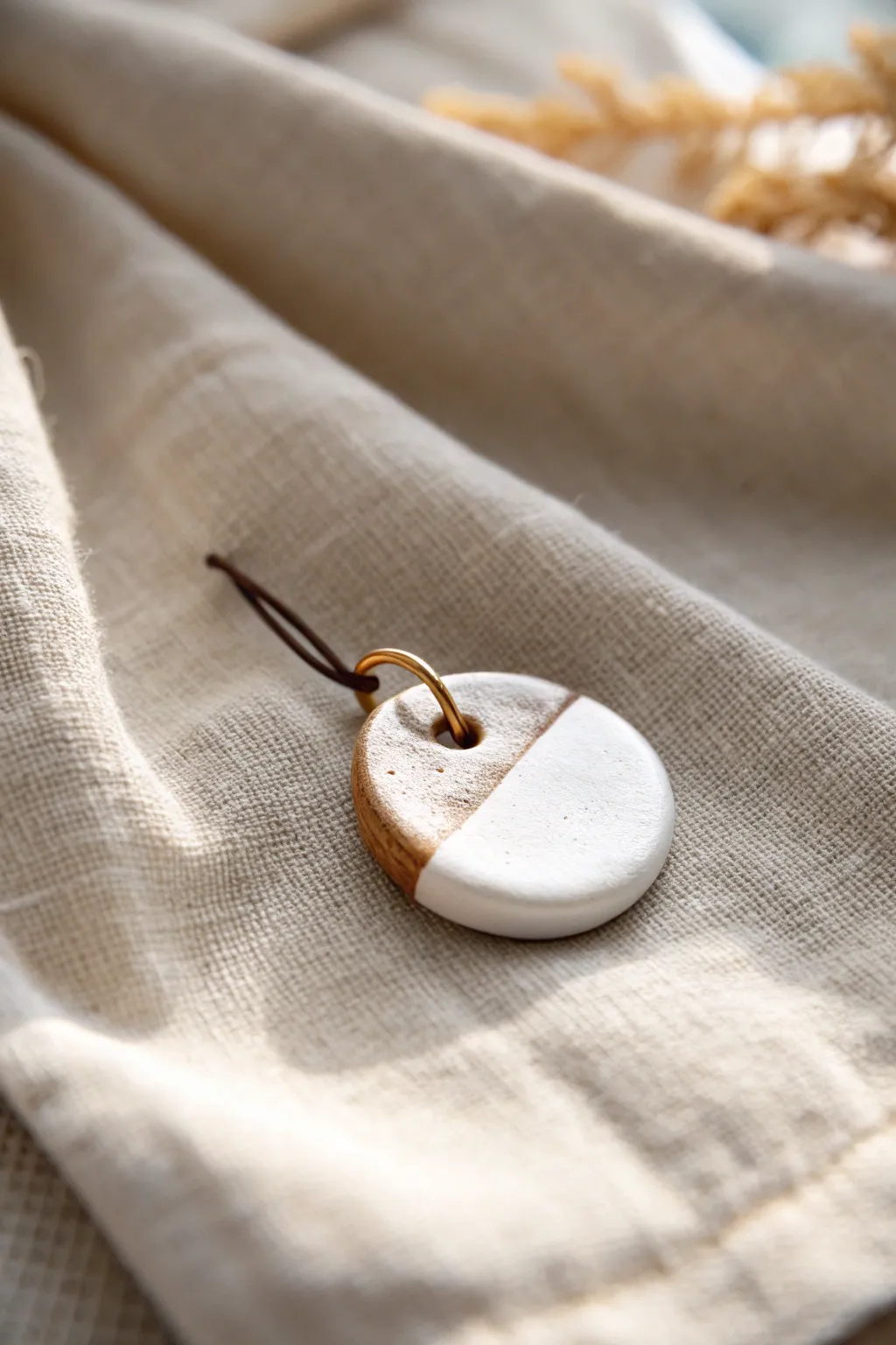 Matte vs glossy clear topcoat on one porcelain clay charm, captured in soft Scandinavian light