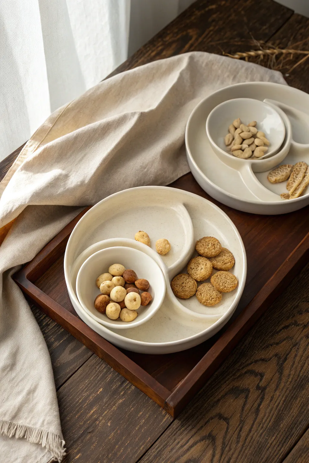 Interlocking porcelain snack plates with a shared motif, a cozy minimalist gift for sharing.