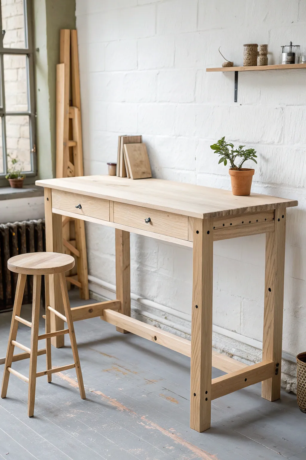 A simple adjustable-height potters bench with a tall stool for easy sit-stand studio work.