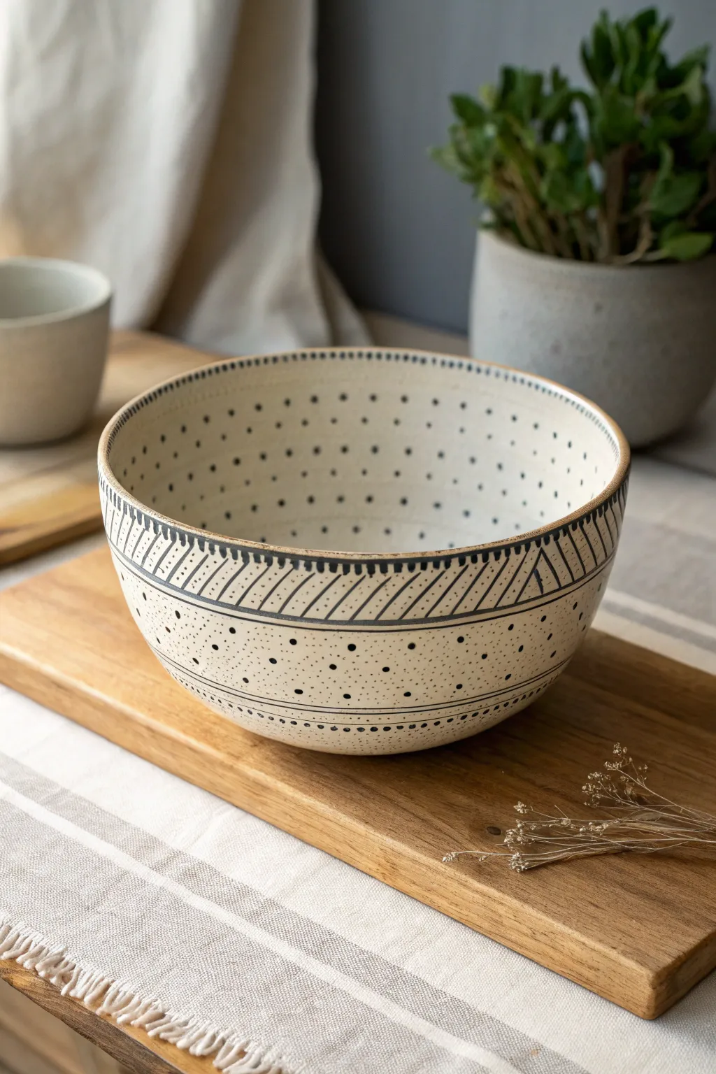 Minimal Mishima dot-and-dash bowl with crisp inlay and soft neutral glaze for calm contrast