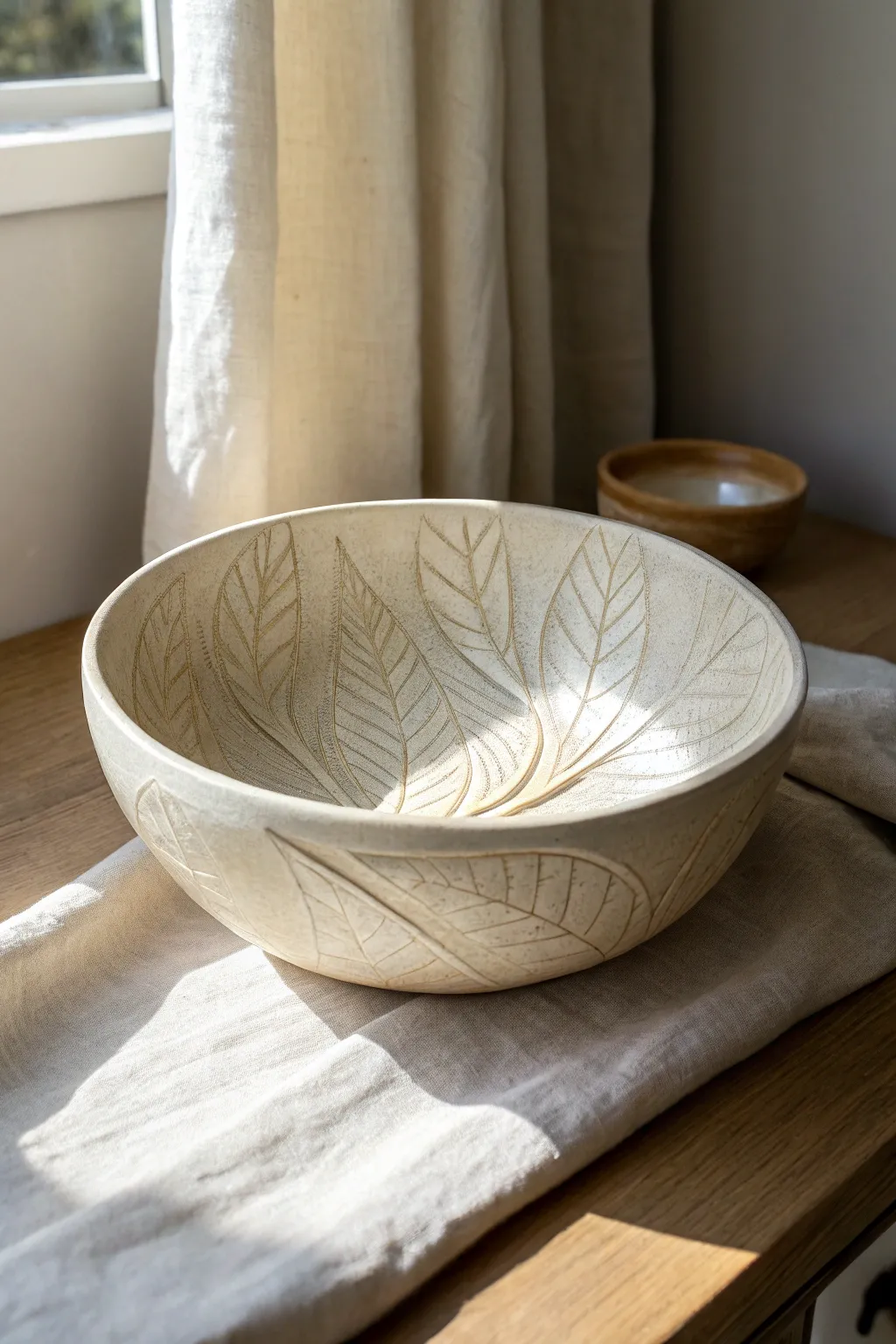 Botanical vein carving brings subtle depth to a simple glazed bowl, naturally elegant.