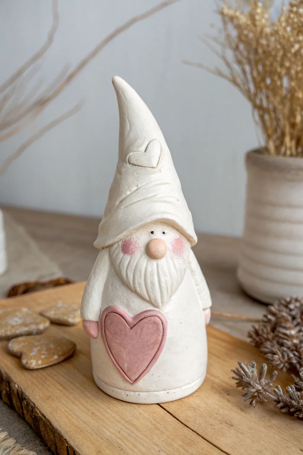 Appliqué heart pocket gnome in soft blush glaze, a minimalist handmade gift with cozy charm.