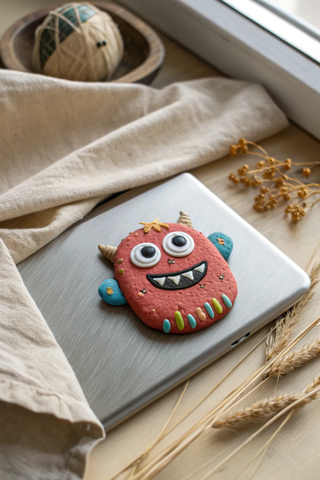 A goofy clay monster magnet with big eyes and bumpy texture, an easy pottery idea for kids