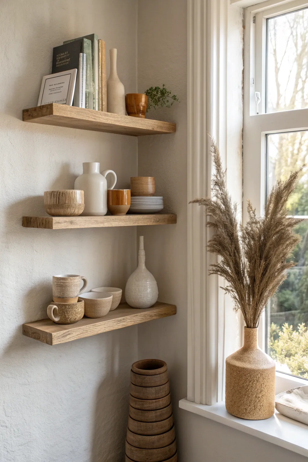 Turn an empty corner into a calm pottery nook with simple floating shelves and handmade ceramics.