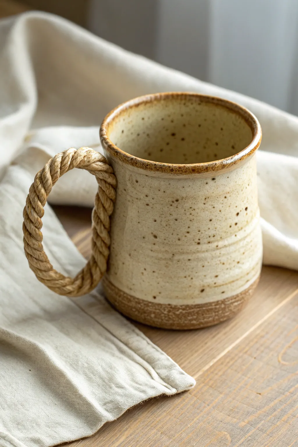 Rustic stoneware mug with a softly twisted rope handle, warm light highlighting the spiral texture.