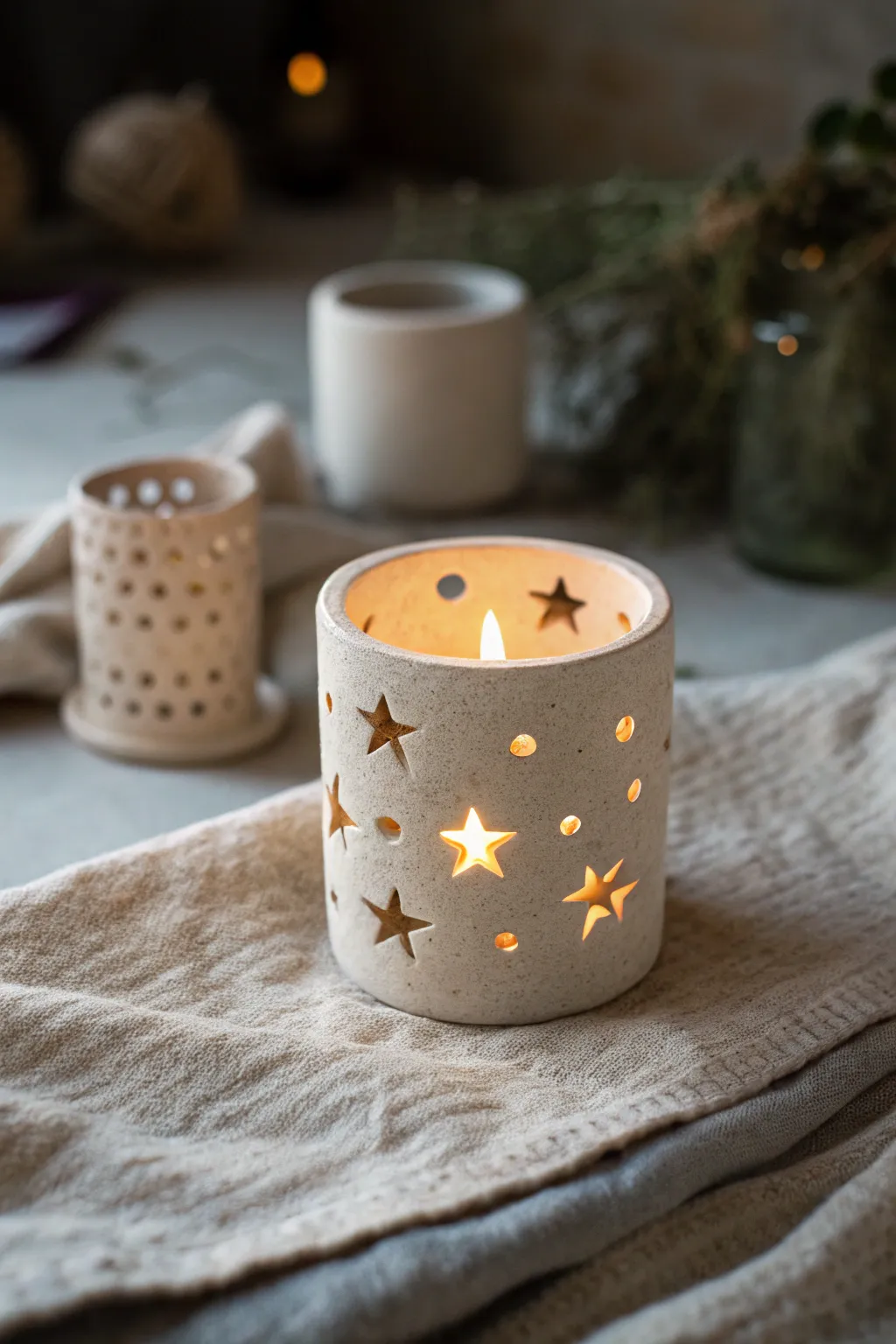 Beginner-friendly tea light holder with simple cutouts, glowing softly in a cozy minimalist setting.
