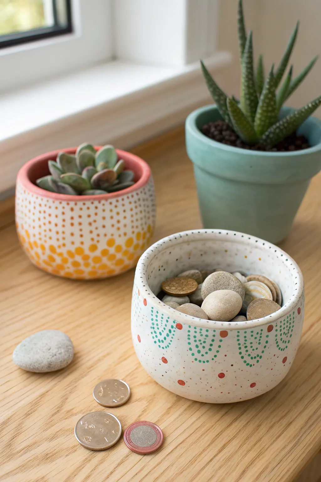 Bright dotted pinch pots for tiny treasures, simple kid friendly pottery with a modern Nordic look