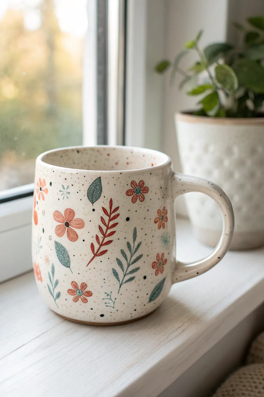 Easy pointillism dot flowers on a cozy ceramic mug, minimalist palette with a boho feel.