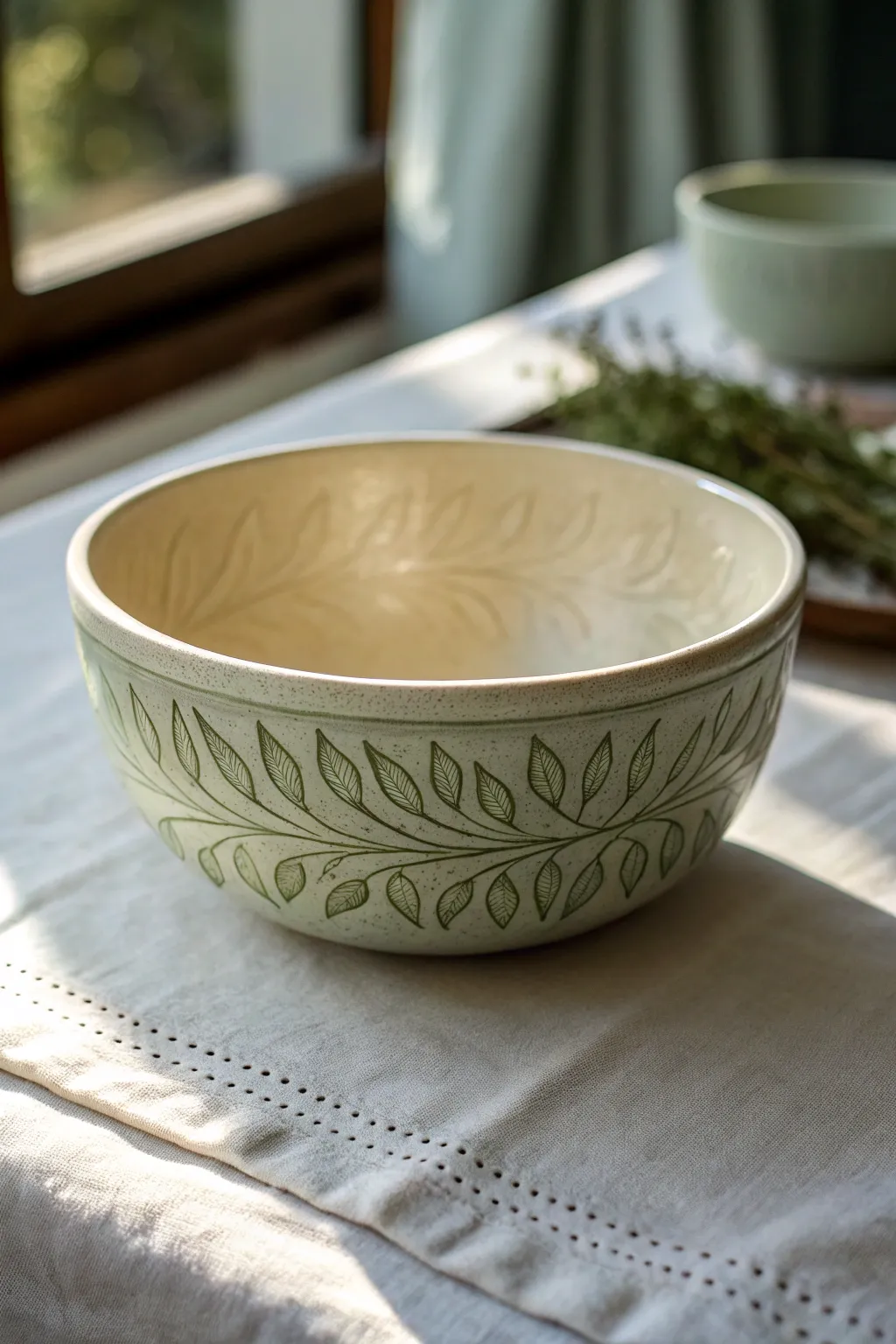 Minimal bowl with a simple stamped leafy vine wraparound, soft sage on warm matte clay.