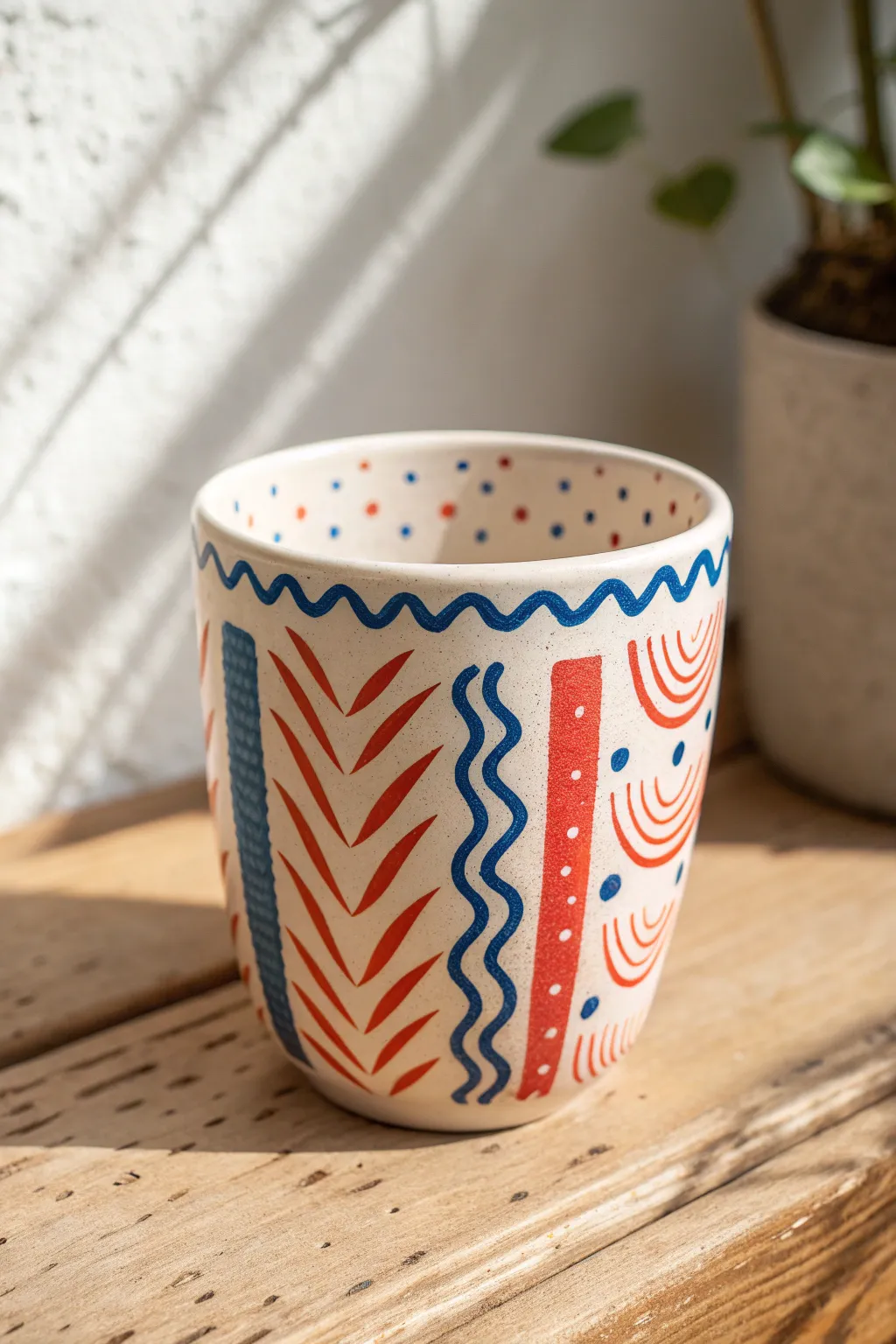 Bold stripes and dots on a handmade cup, minimalist yet playful for modern clay art ideas